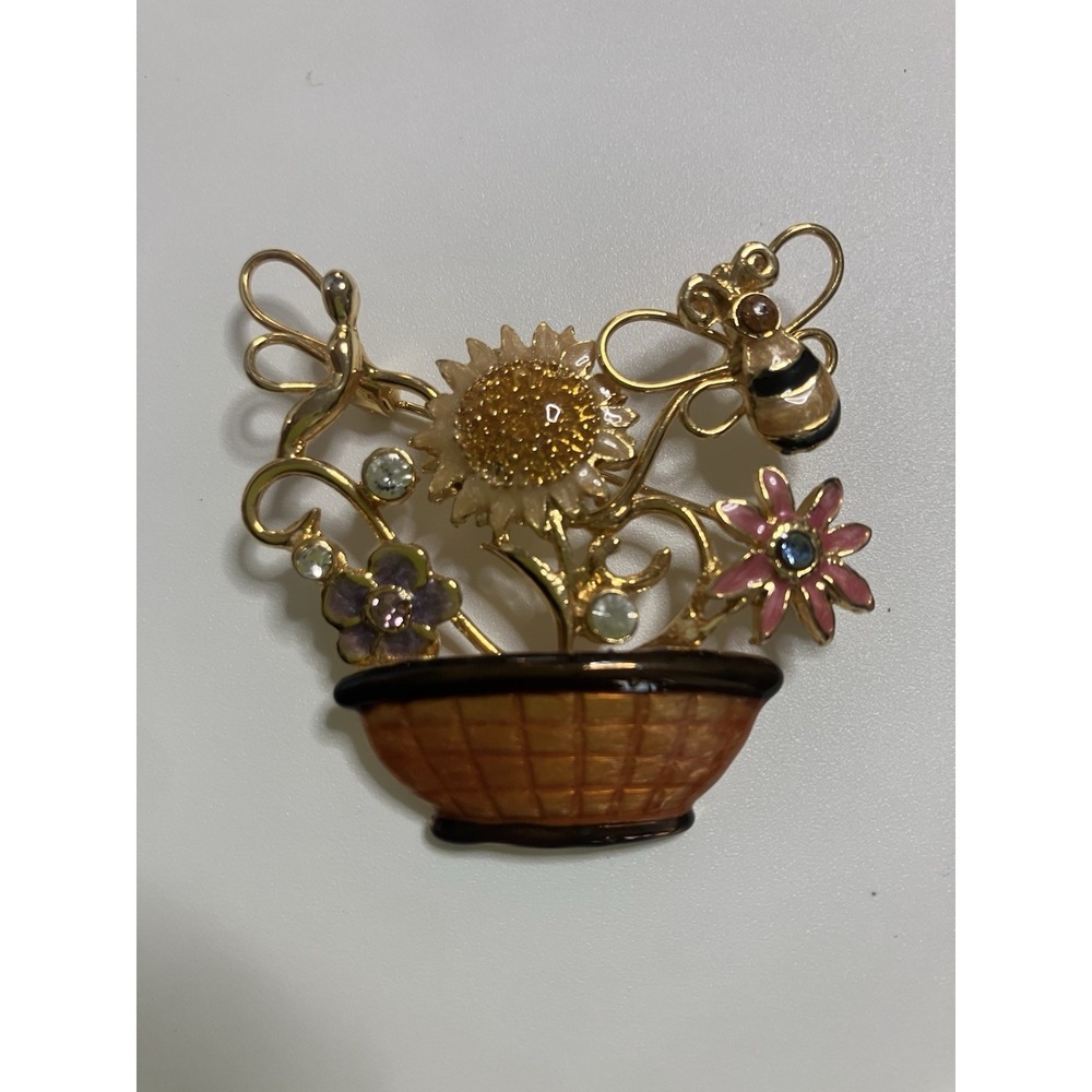 VTG Summer Brooch Pin by Kenneth Cole Sunflower Basket Bee Rhinestones Grandma